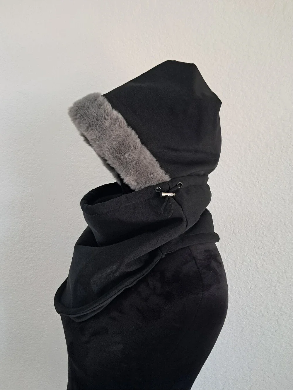 Vstarner Ski Mask With Hood Gray Faux Fur Lined Charcoal Black Drawstring Unisex
